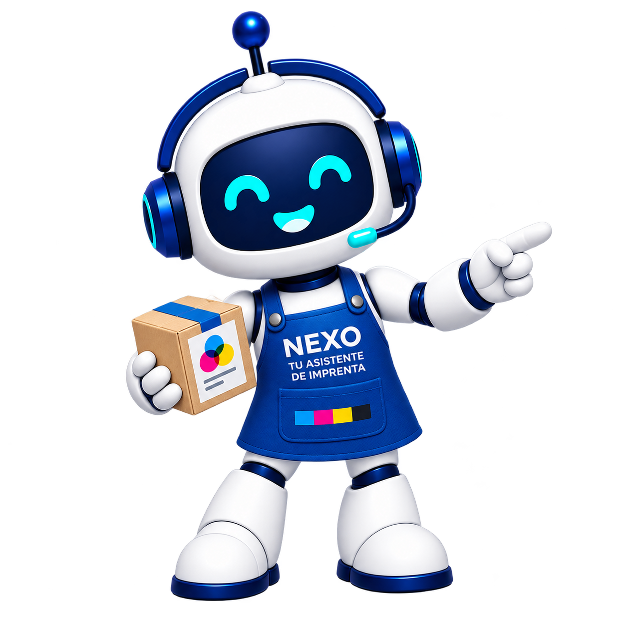 Nexo, asistente de Tu Imprenta IA, con un paquete de impresión y señalando una opción.